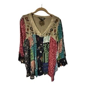 YOUNG THREADS Boho Multicolor Patchwork Blouse, Small
